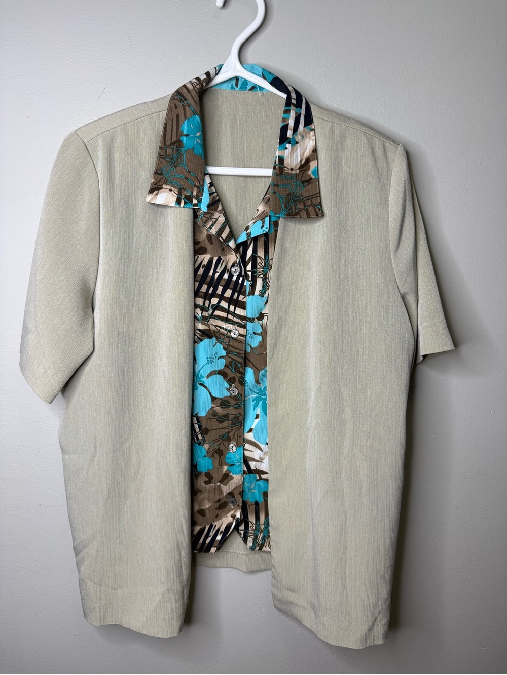 Beige & Floral 'Fooler' Button Up of Short Sleeve Top with Shoulder Pads